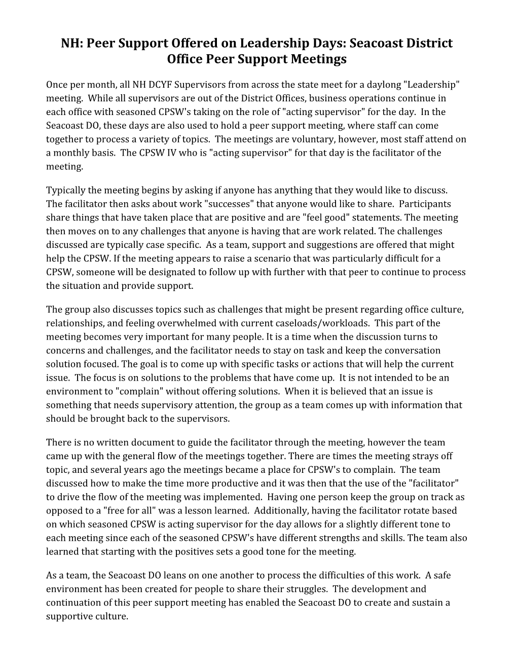 NH: Peer Support Offered on Leadership Days: Seacoast District Office Peer Support Meetings