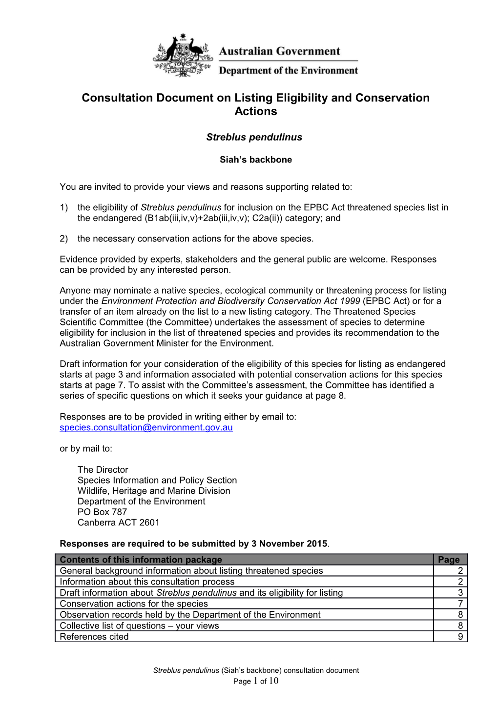 Consultation Document on Listing Eligibility and Conservation Actions Streblus Pendulinus