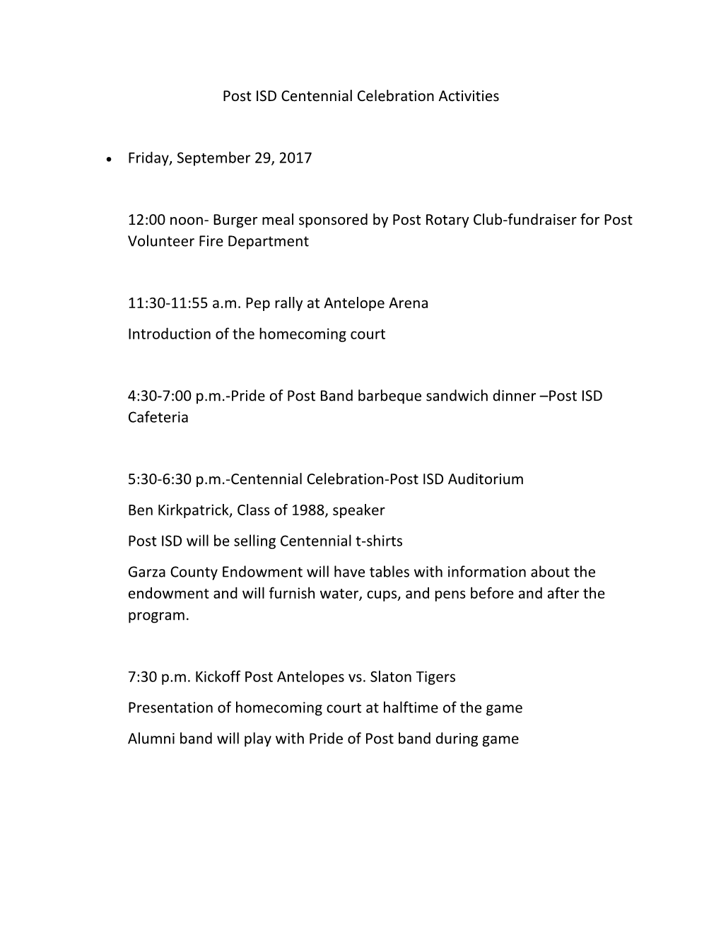 Post ISD Centennial Celebration Activities