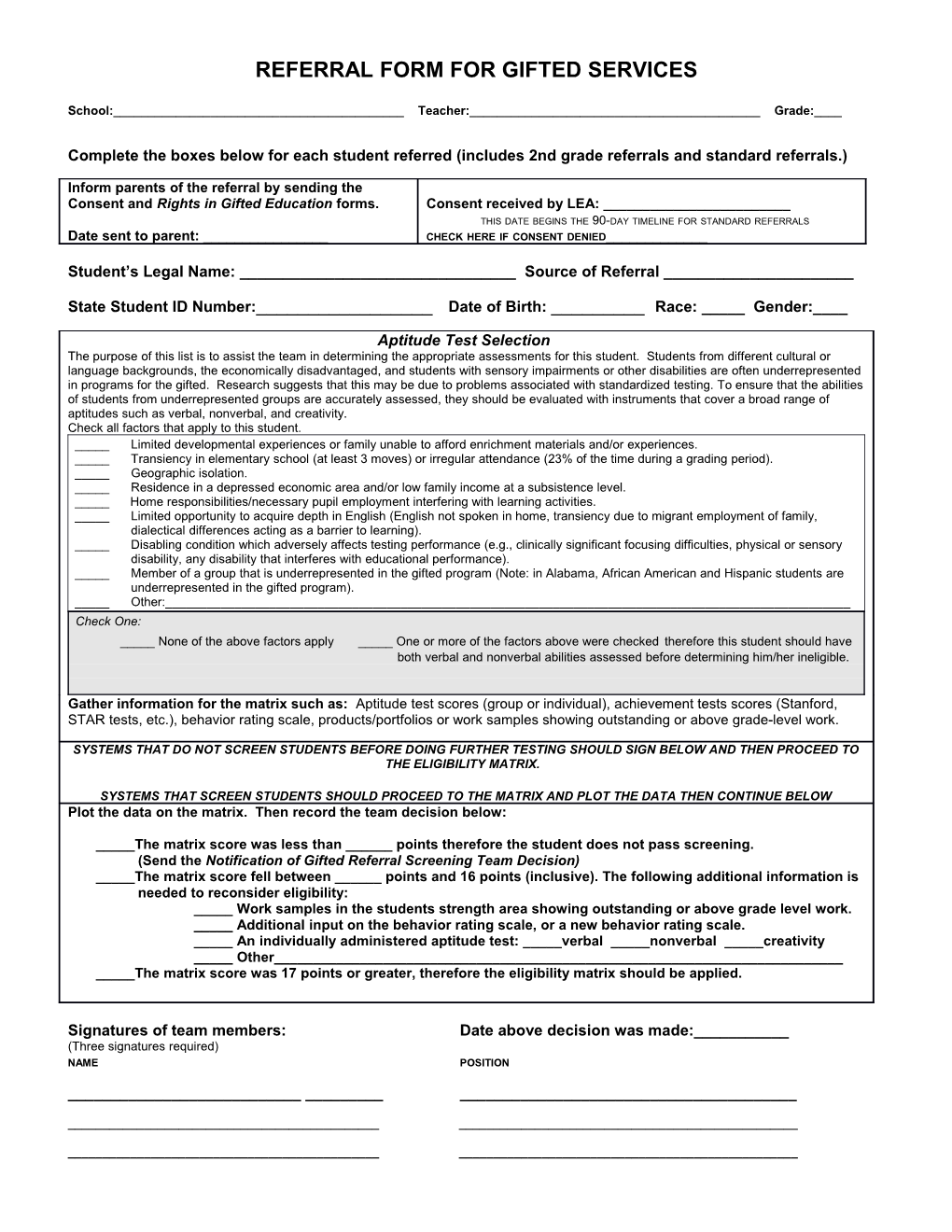 Referral Form for Gifted Services