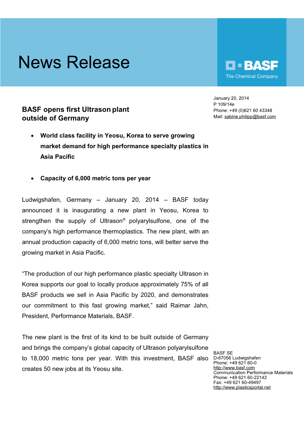 BASF Opens First Ultrasonplant Outside of Germany