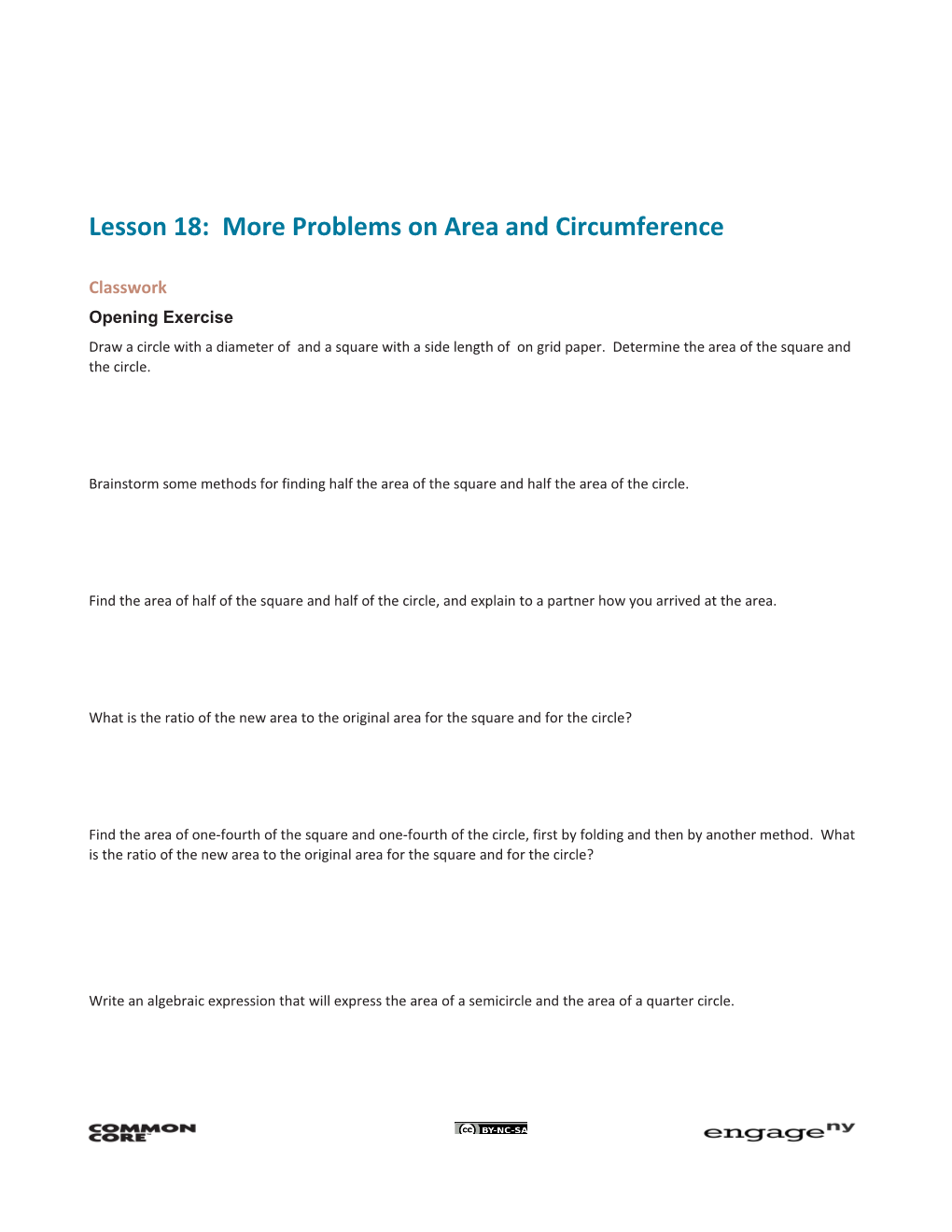 Lesson 18: More Problems on Area and Circumference