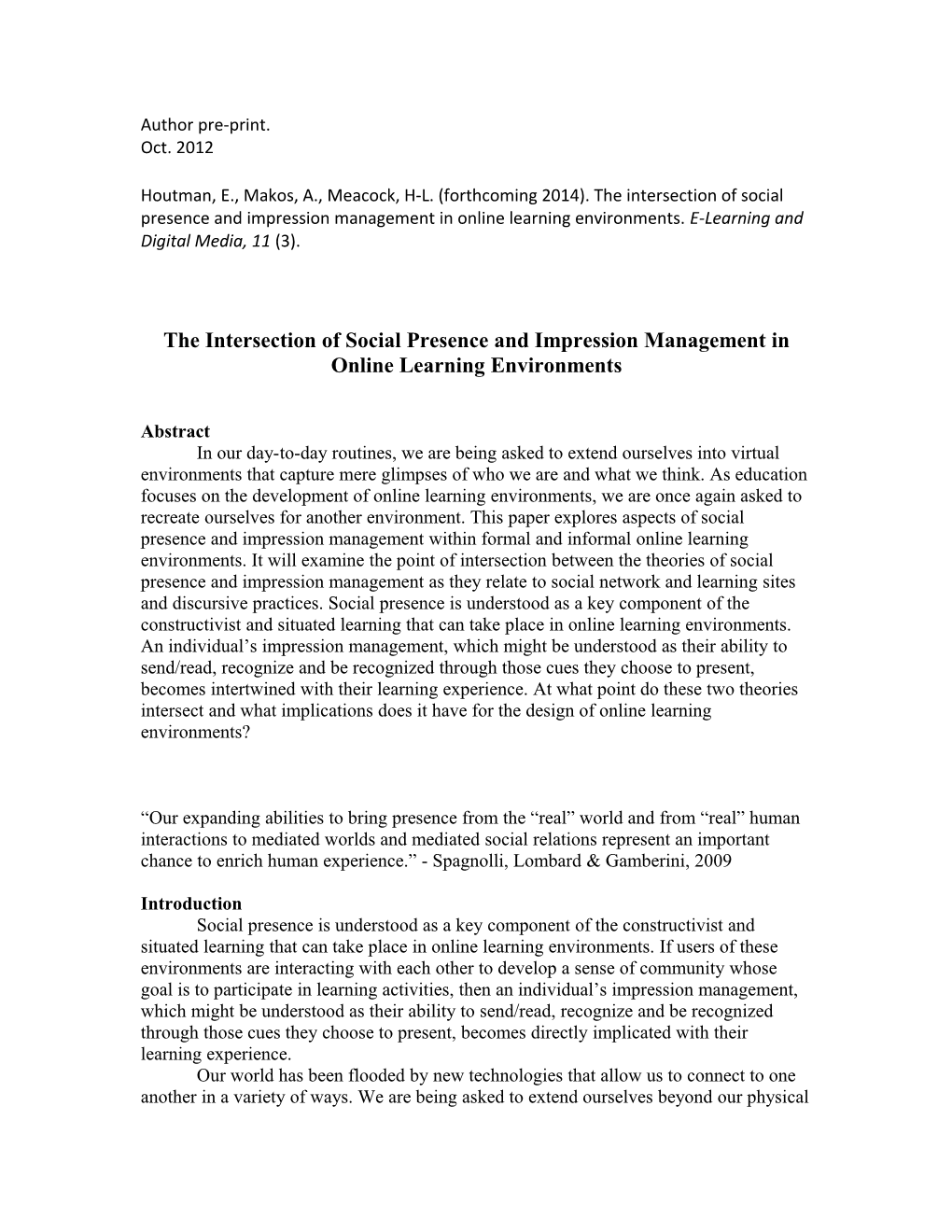 The Intersection of Social Presence and Impression Management in Online Learning Environments