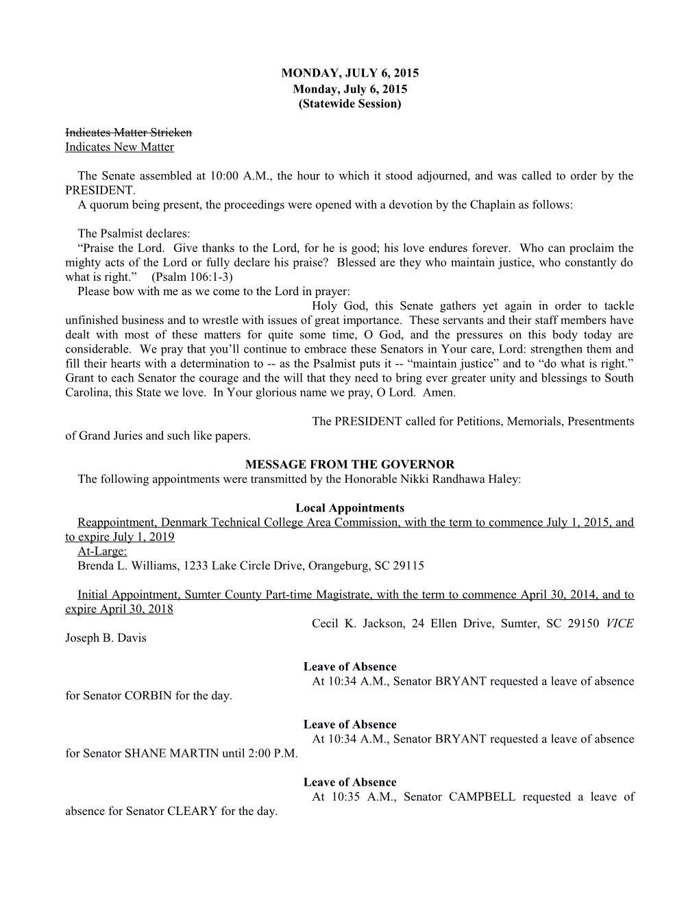 Senate Journal for 7/6/2015 - South Carolina Legislature Online