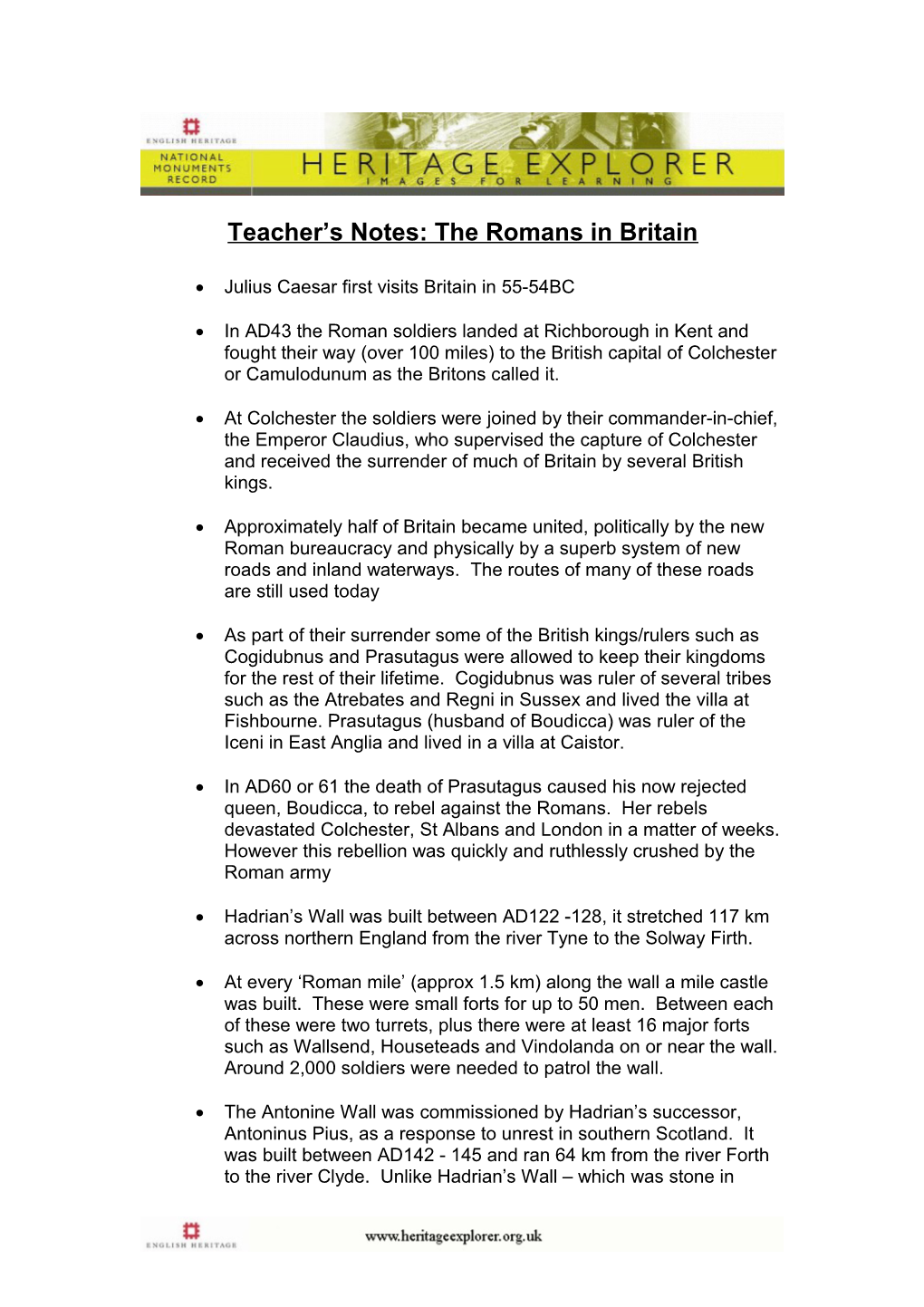 Teacher S Notes: the Romans in Britain