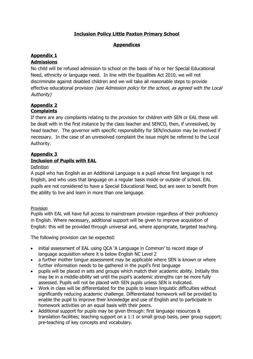 Inclusion Policy Little Paxton Primary School