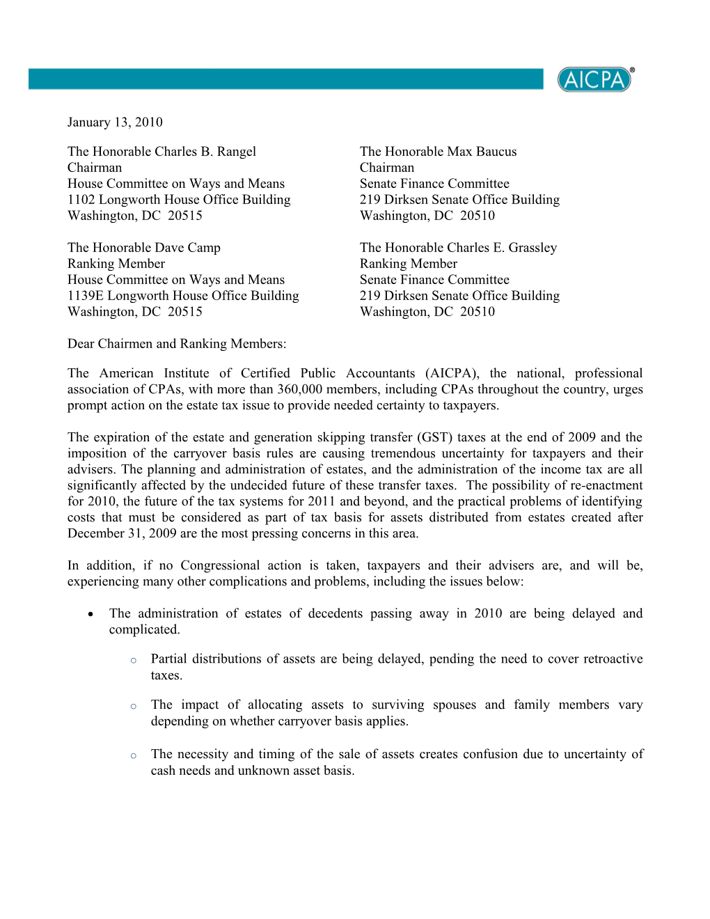 AICPA Letter to Congress on Urgency for Estate Tax Legislation and Reform Priorities