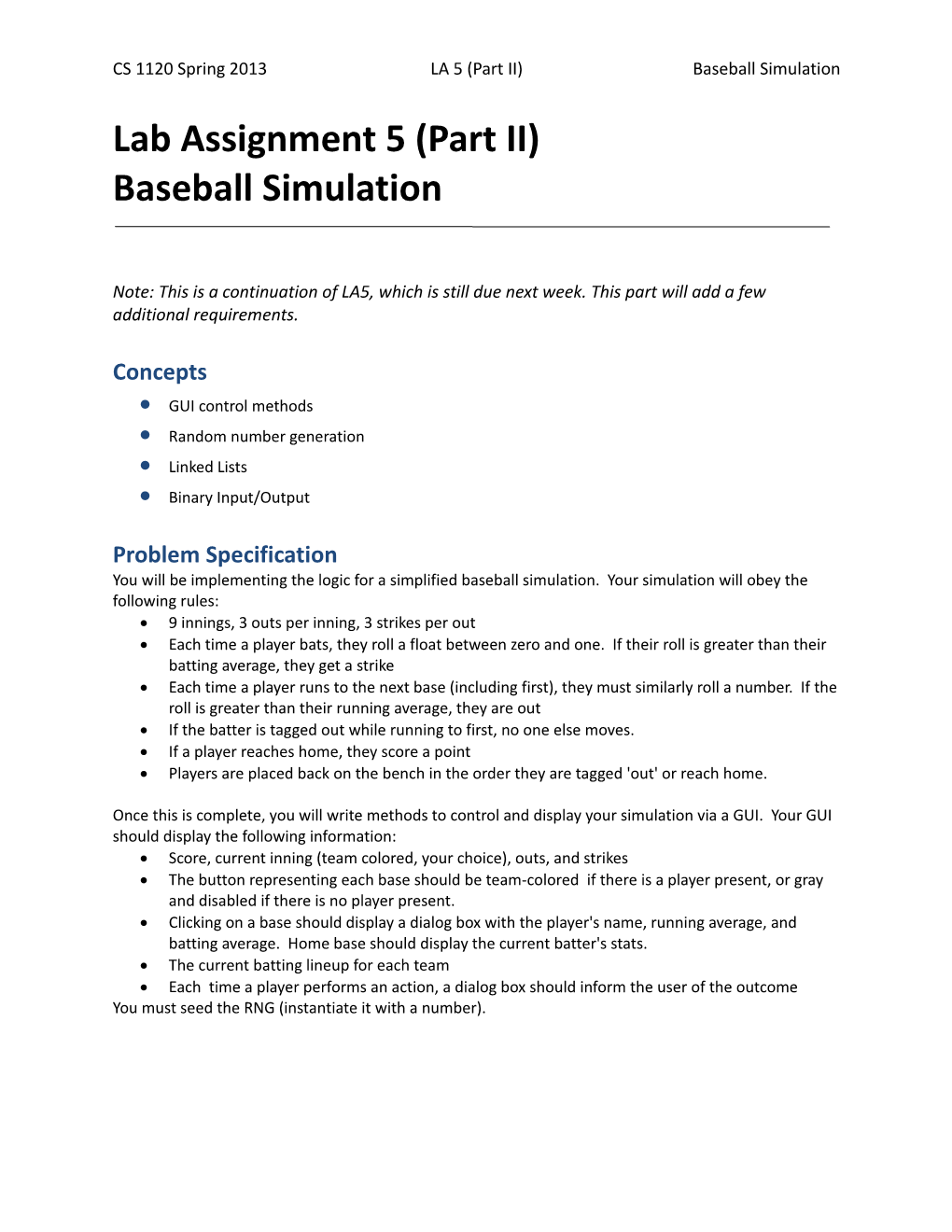 CS 1120 Spring 2013LA 5 (Part II)Baseball Simulation