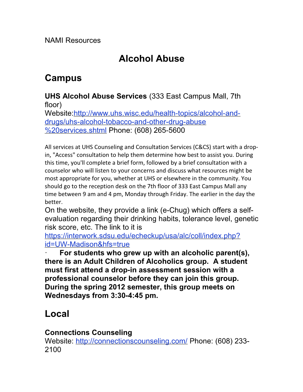 UHS Alcohol Abuse Services (333 East Campus Mall, 7Th Floor)
