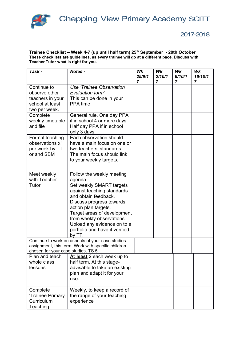 Trainee Checklist Week 4-7 (Up Until Half Term) 25Th September - 20Th October