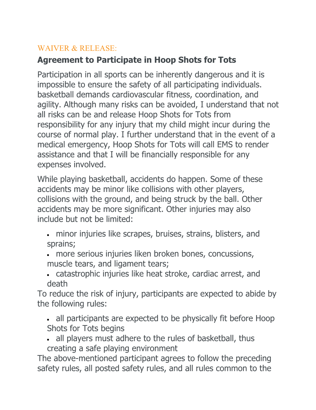 Agreement to Participate in Hoop Shots for Tots