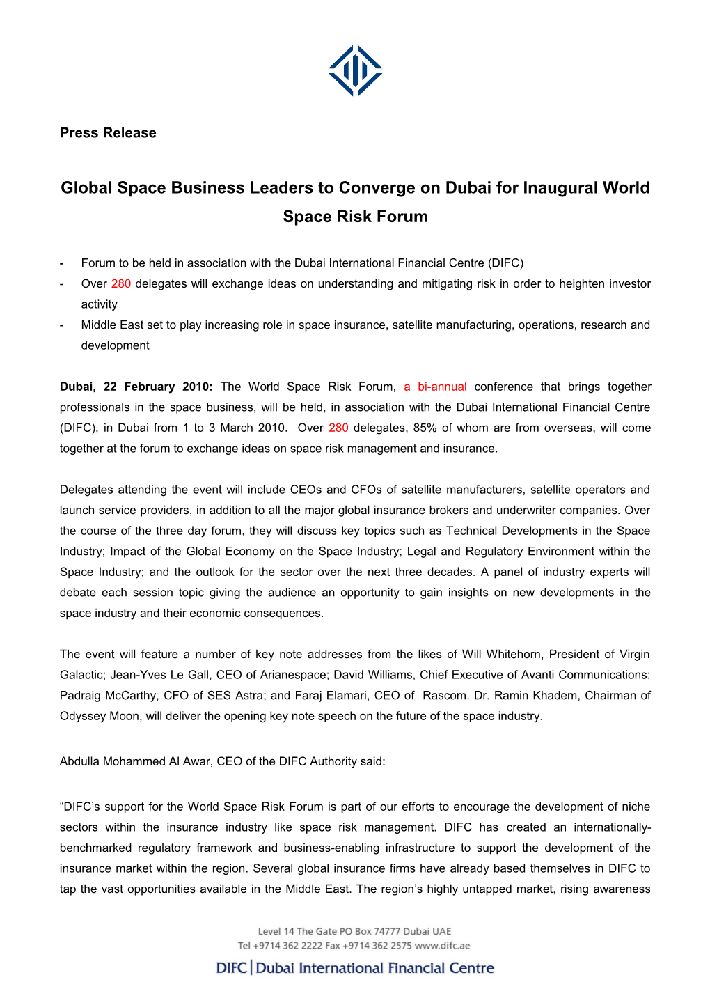 Global Space Business Leaders to Converge on Dubai for Inaugural World Space Risk Forum