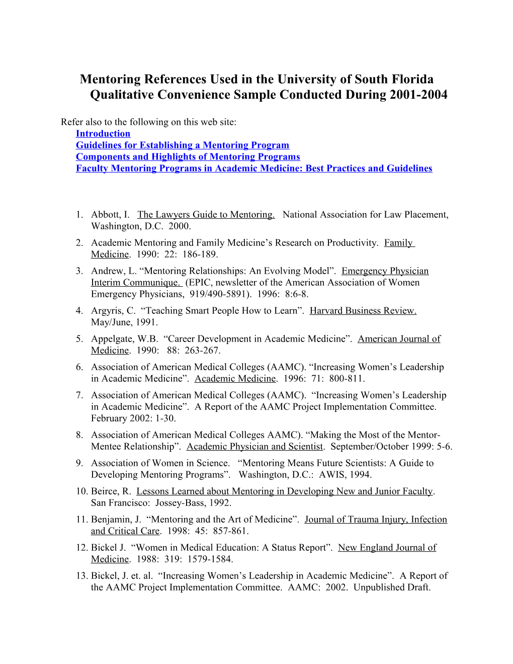 Mentoringreferences Used in the University of South Florida Qualitative Convenience Sample