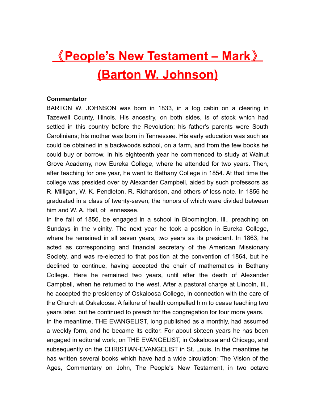 People S New Testament Mark (Barton W. Johnson)