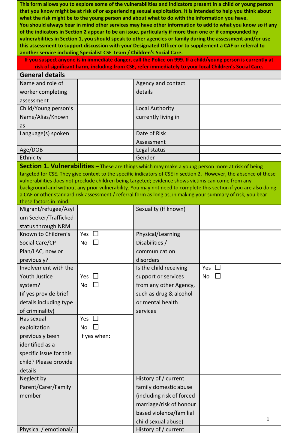 Child Sexual Exploitation (CSE) Risk Assessment Tool