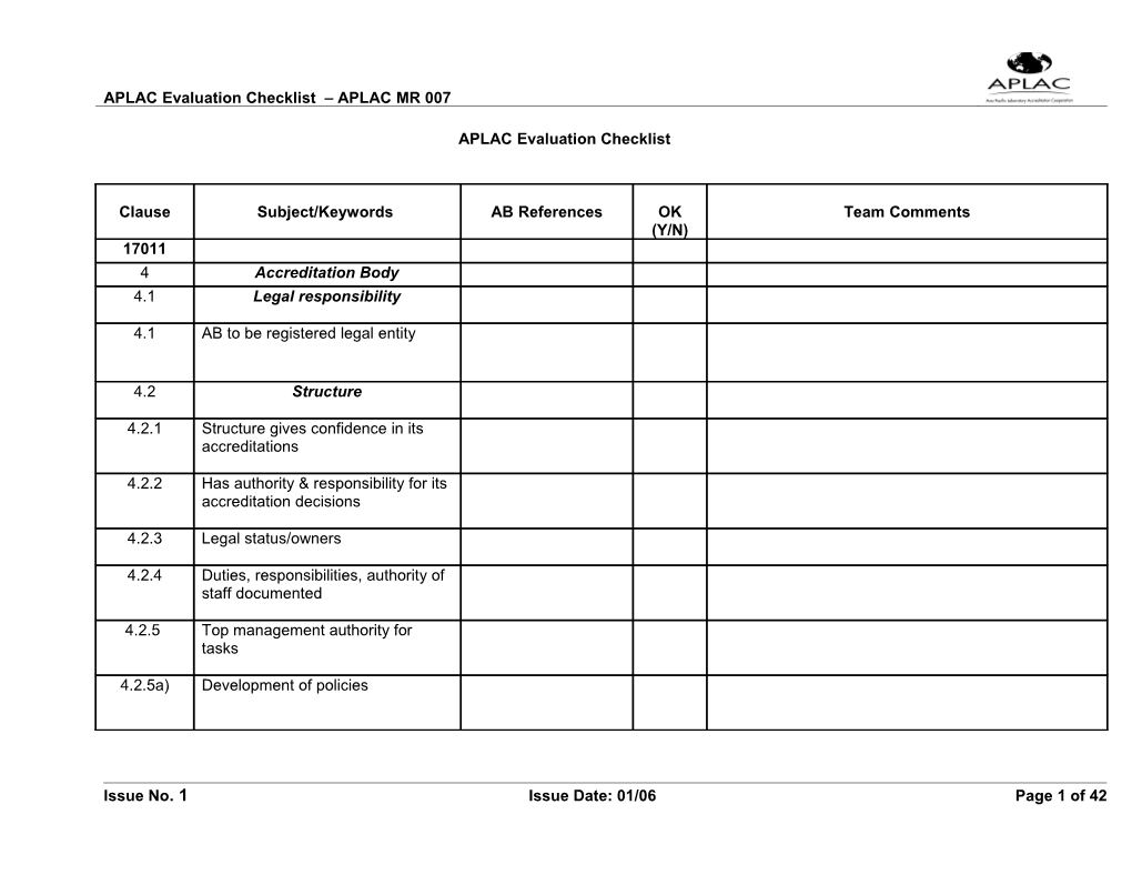 APLAC Evaluation Checklist