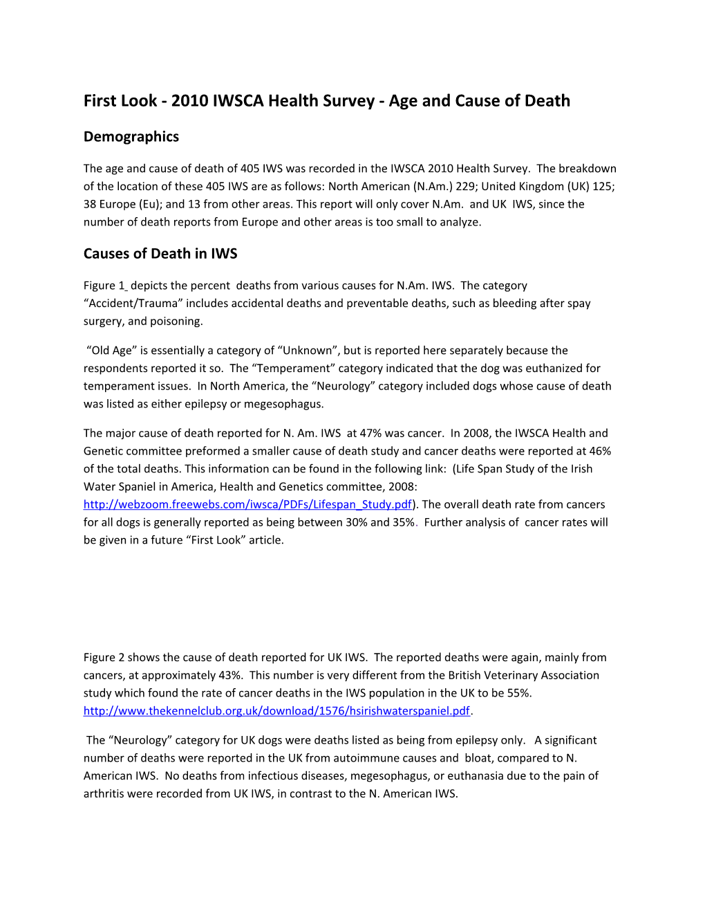 First Look- 2010 IWSCA Health Survey - Age and Cause of Death