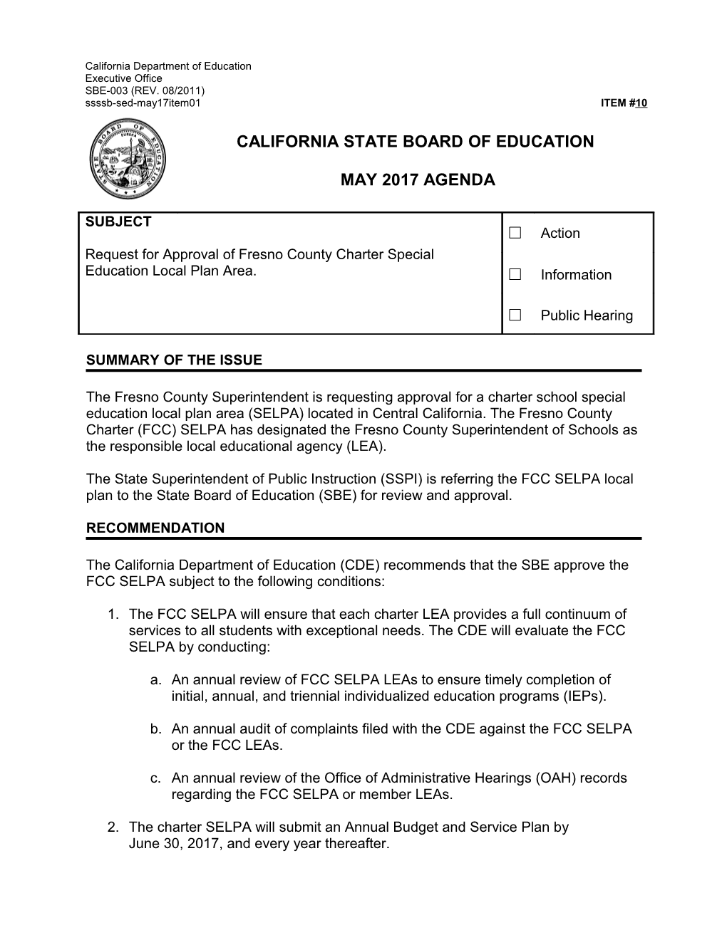May 2017 Agenda Item 10 - Meeting Agendas (CA State Board of Education)