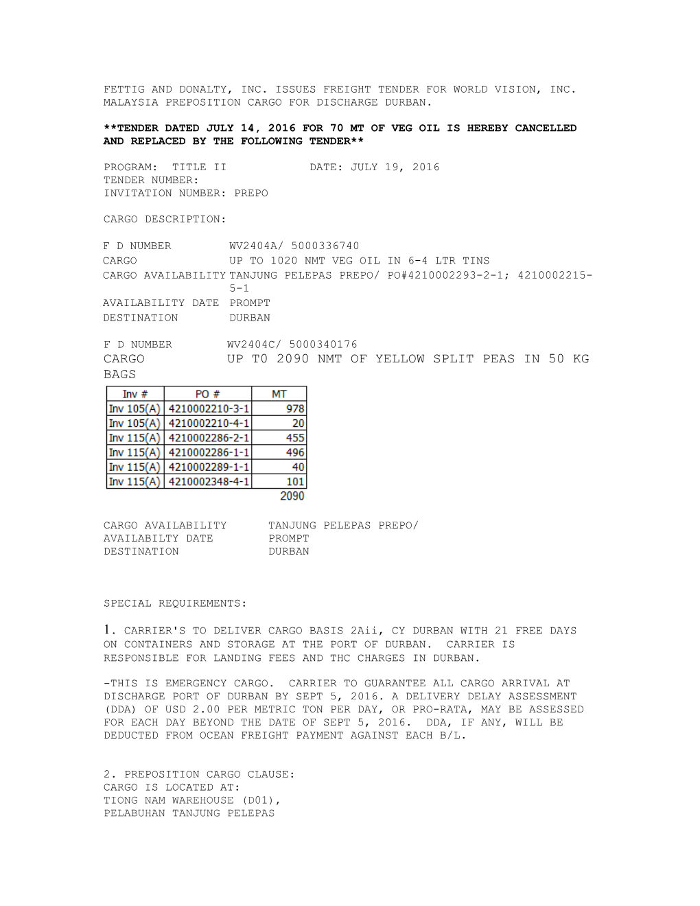 Freight Tender Format for Discussion