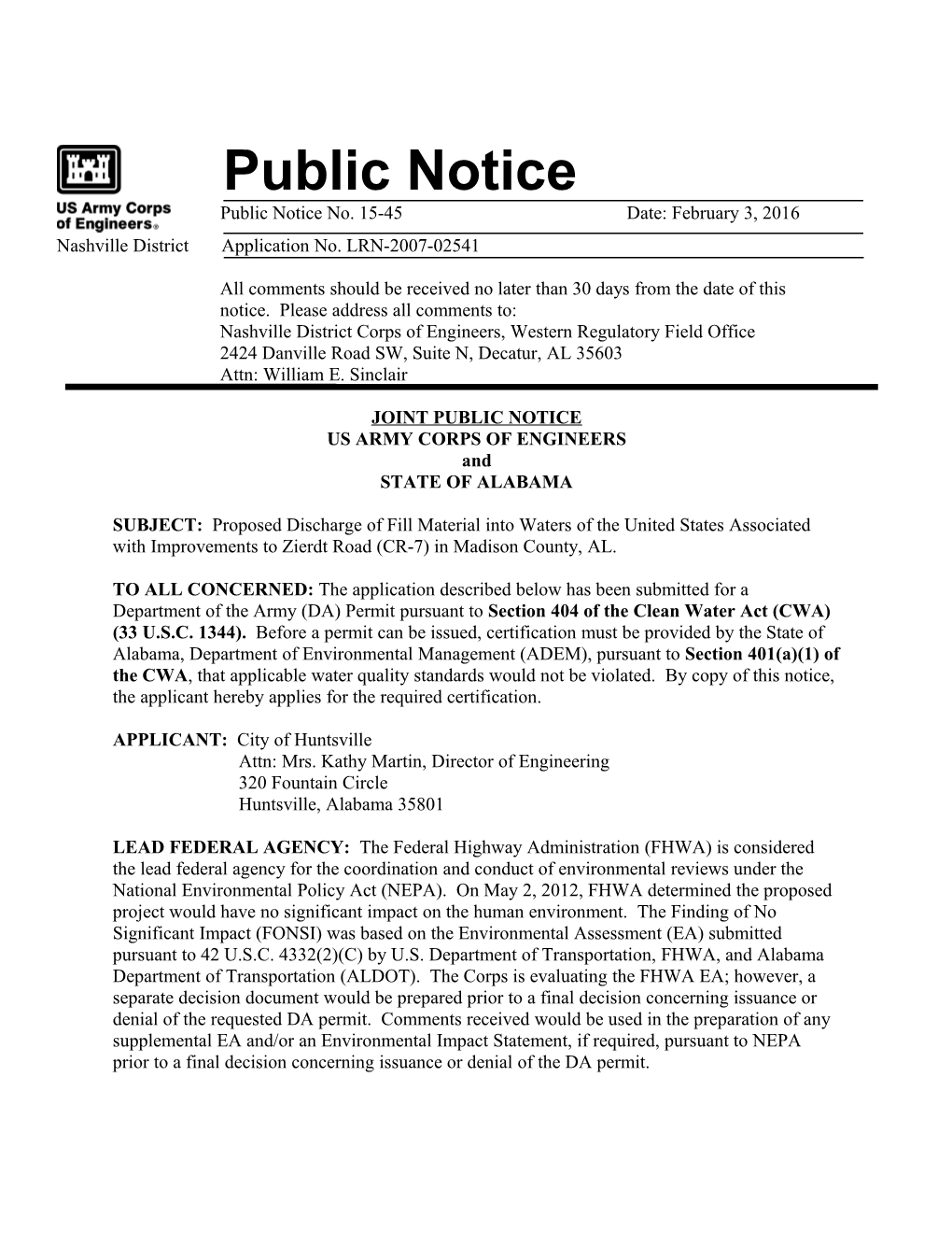 Nashville District Application No. LRN-2007-02541