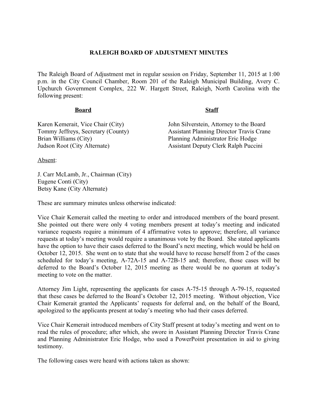 Raleigh Board of Adjustment Minutes - 09/11/2015