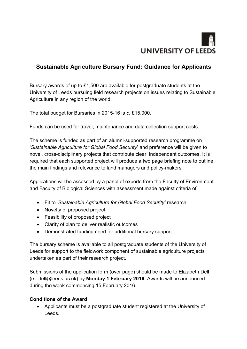 Sustainable Agriculture Bursary Fund: Guidance for Applicants