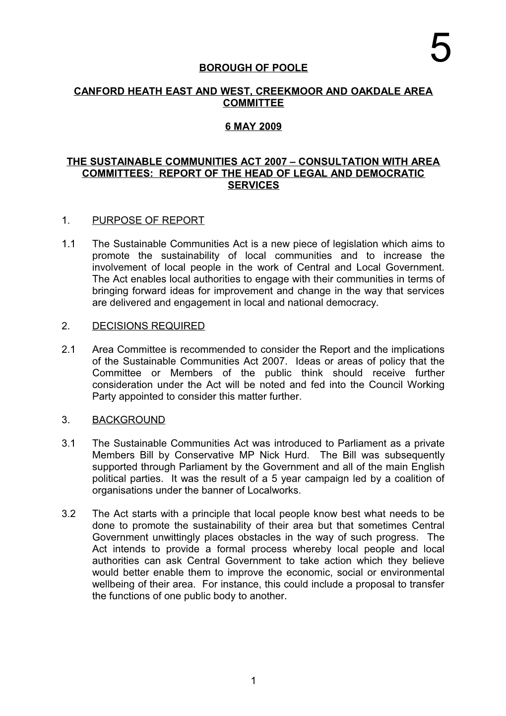 The Sustainable Communities Act 2007 Consultation with Area Committees