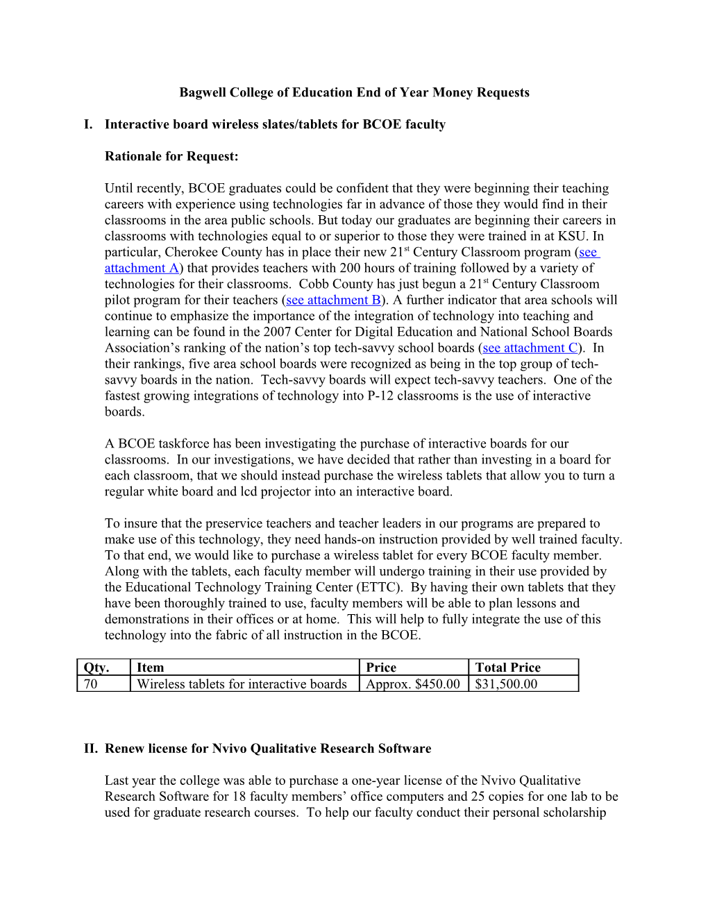 Bagwell College of Education End of Year Money Requests