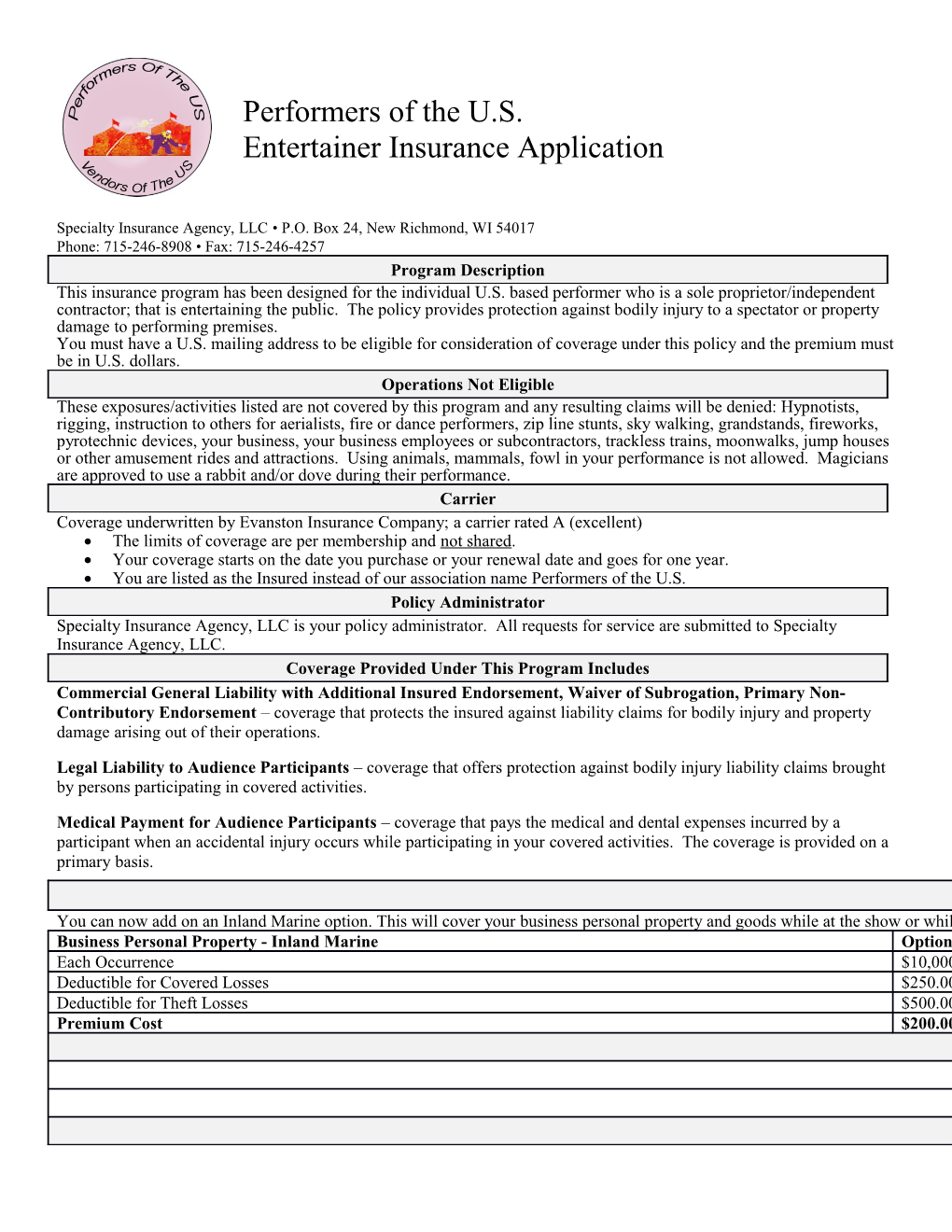 Specialty Insurance Agency, LLC P.O. Box 24, New Richmond, WI 54017