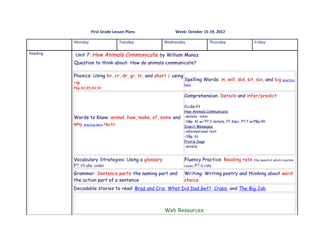 First Grade Lesson Plans Week:October 15-19, 2012