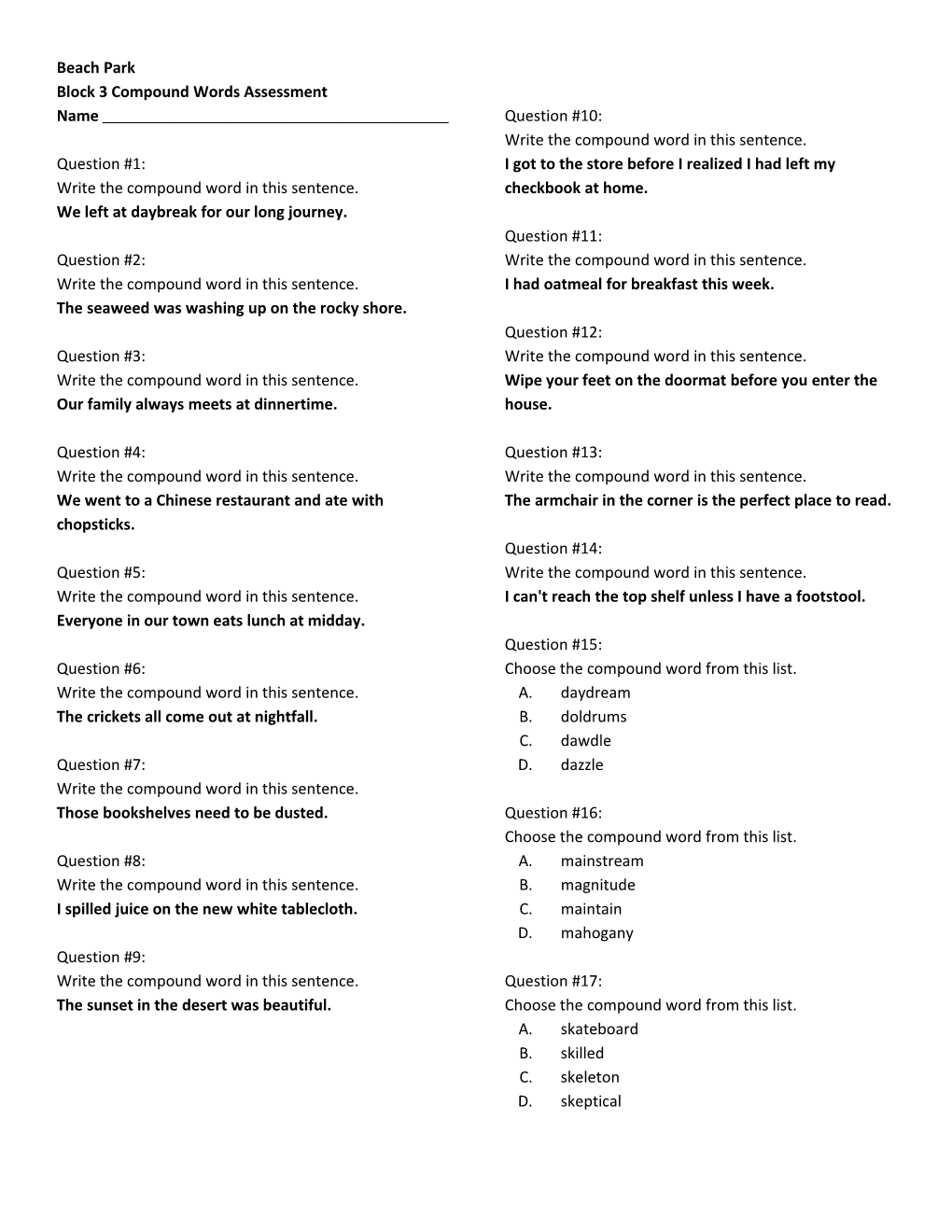 Block 3 Compound Words Assessment