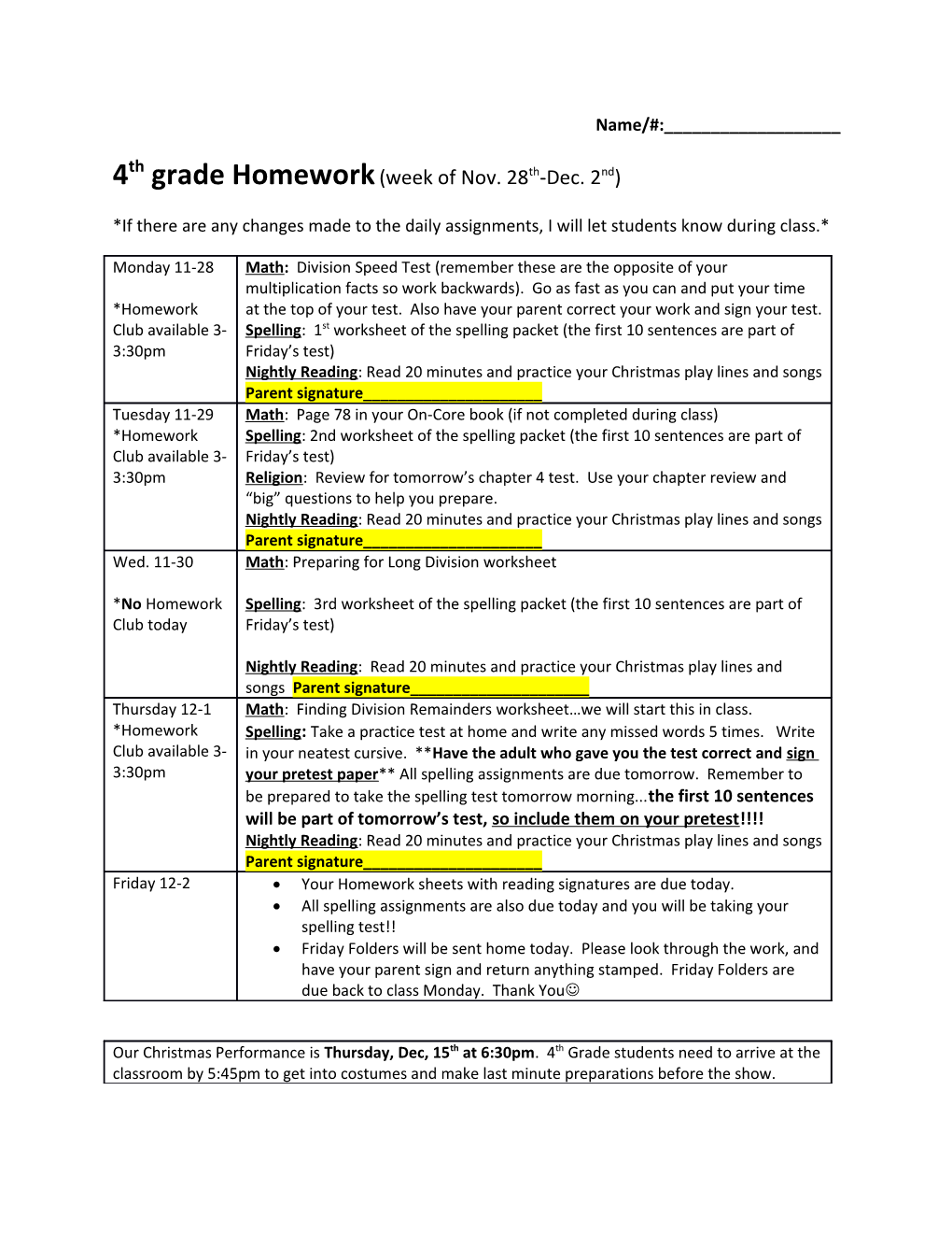 4Th Grade Homework (Week of Nov. 28Th-Dec. 2Nd)