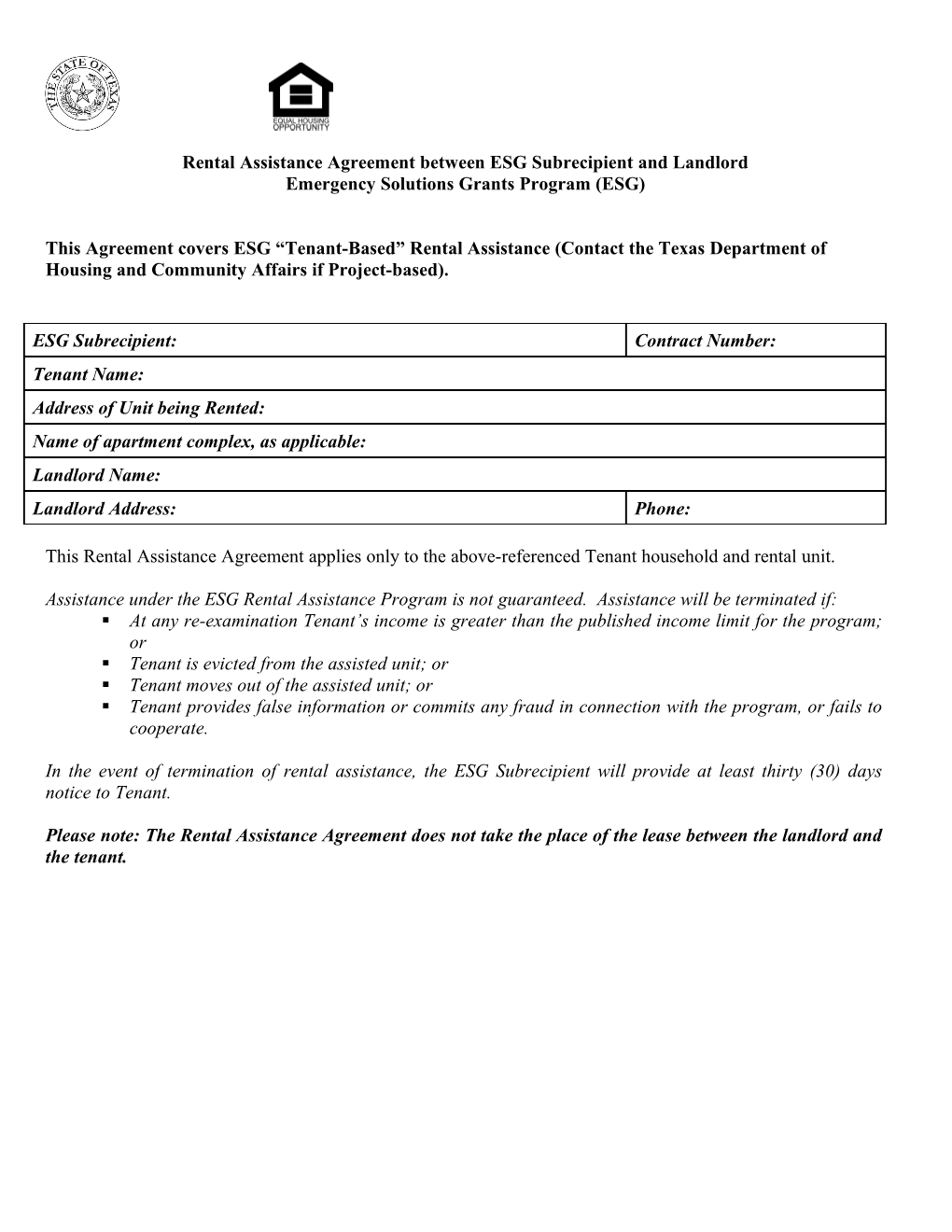 Rental Assistance Agreement Between Contract Administrator and Landlord