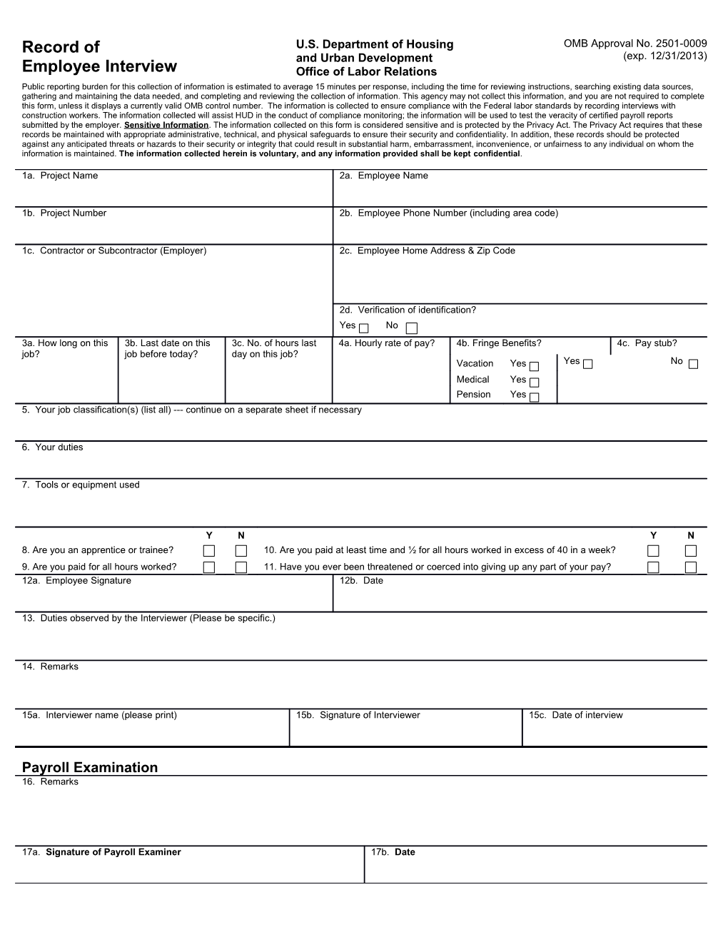HUD-11 Employee Interview Form