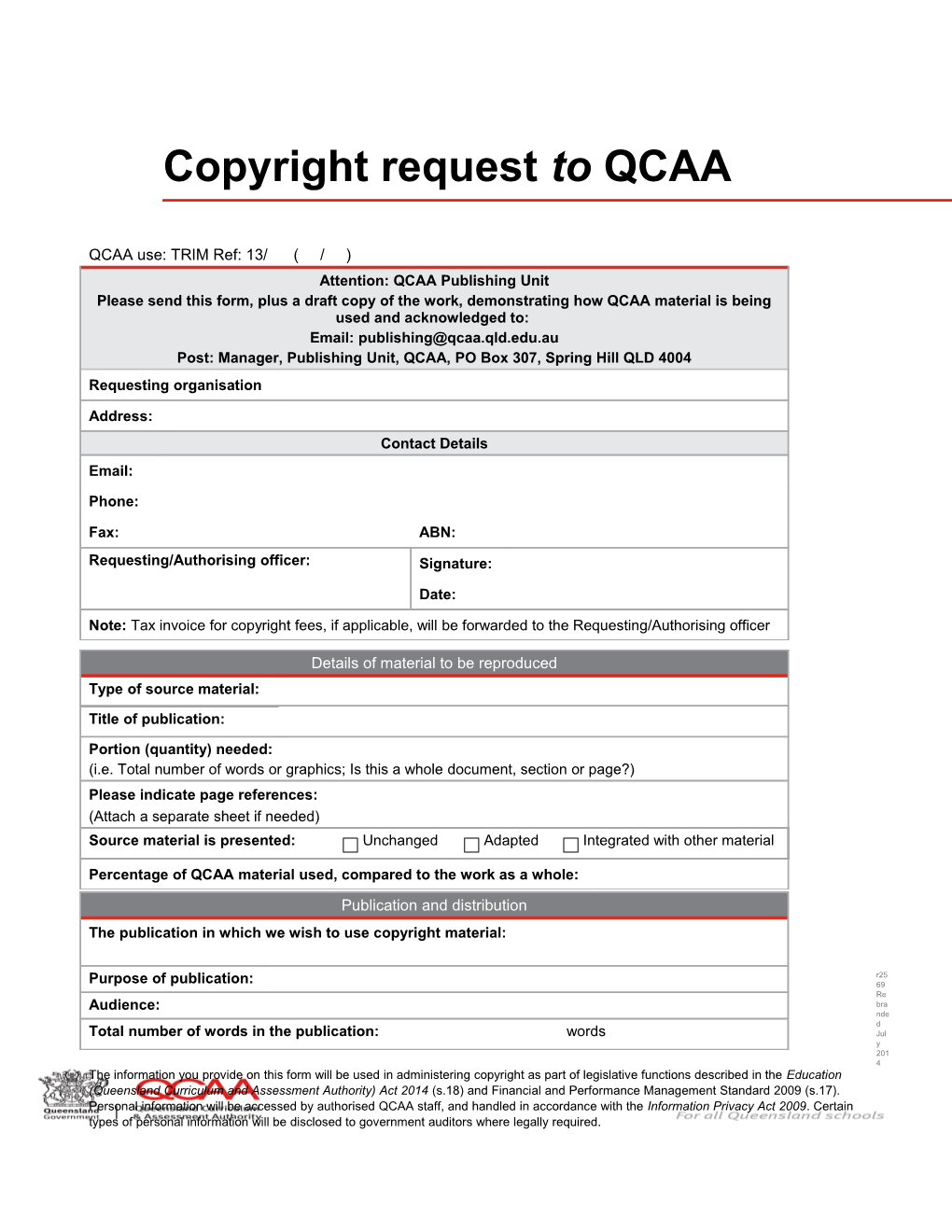 QCAA Copyright Request