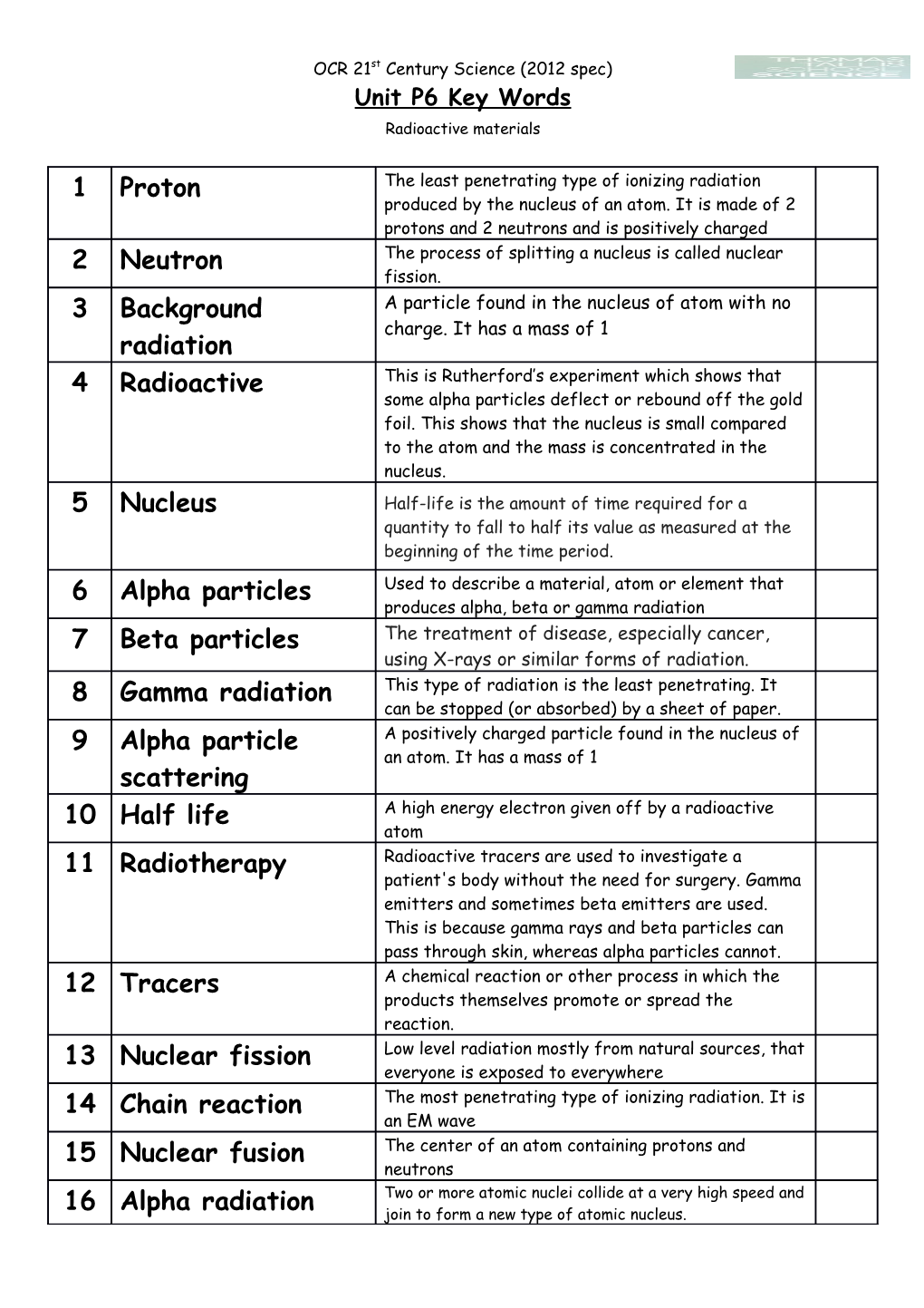 Unit P6 Key Words