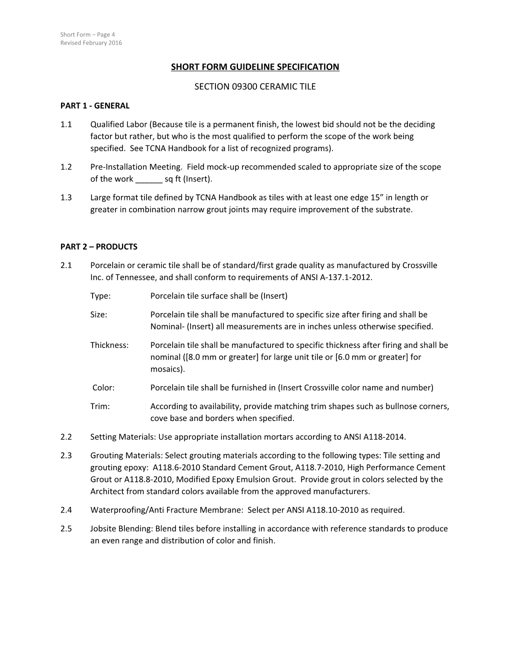 Short Form Guideline Specification