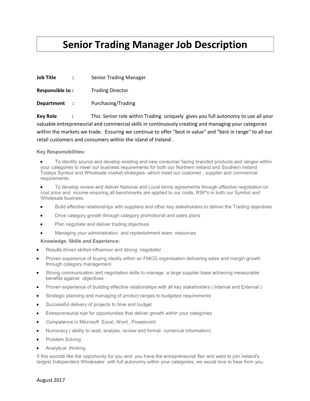 Senior Trading Manager Job Description