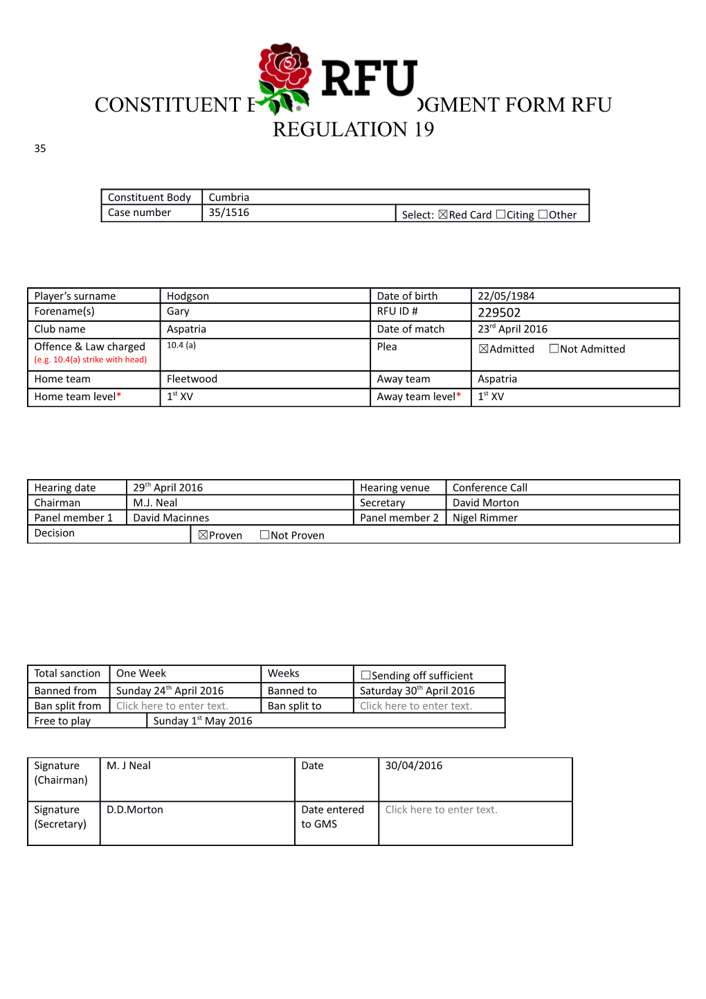 Constituent Body Short Judgment Form Rfu Regulation 19