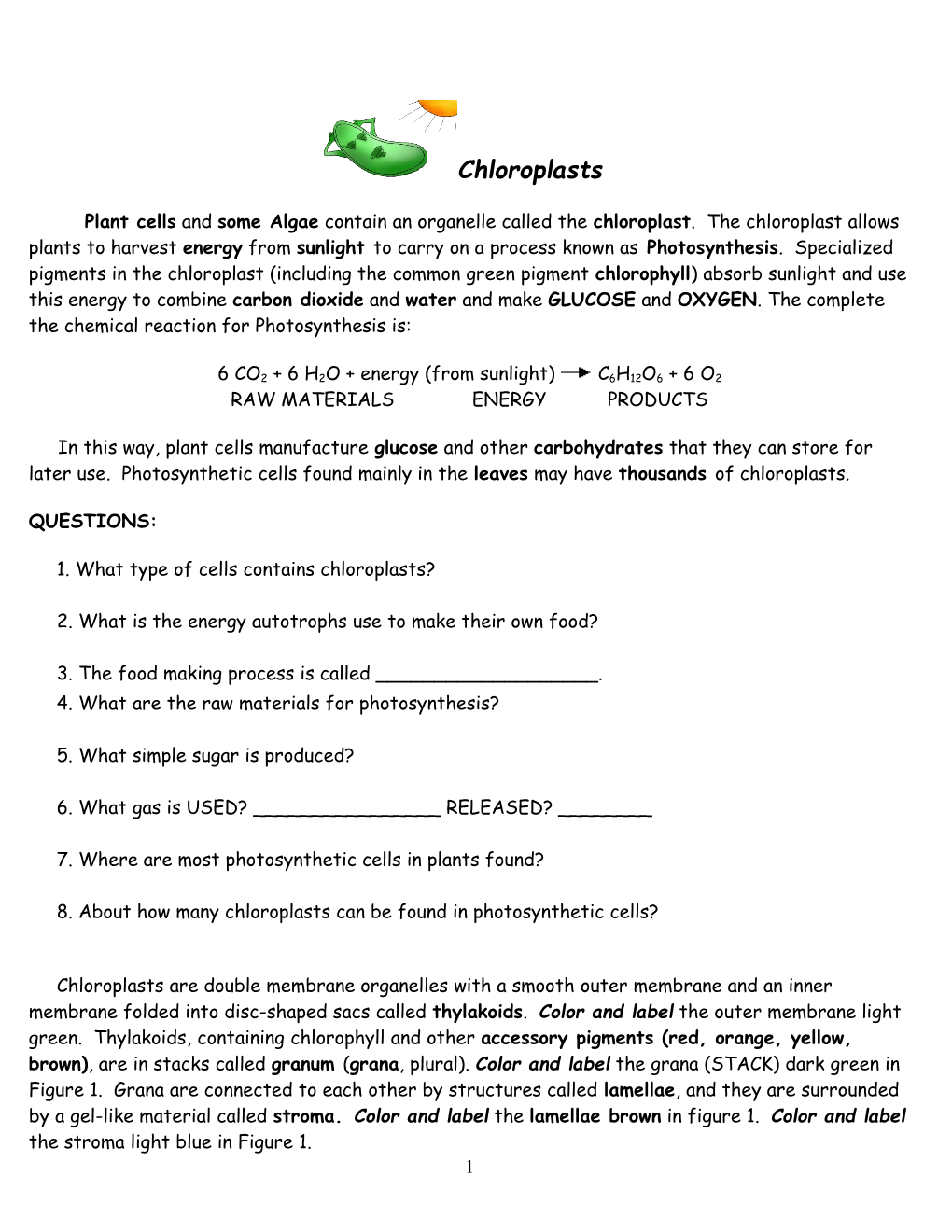 Plant Cells and Some Algae Contain an Organelle Called the Chloroplast. the Chloroplast