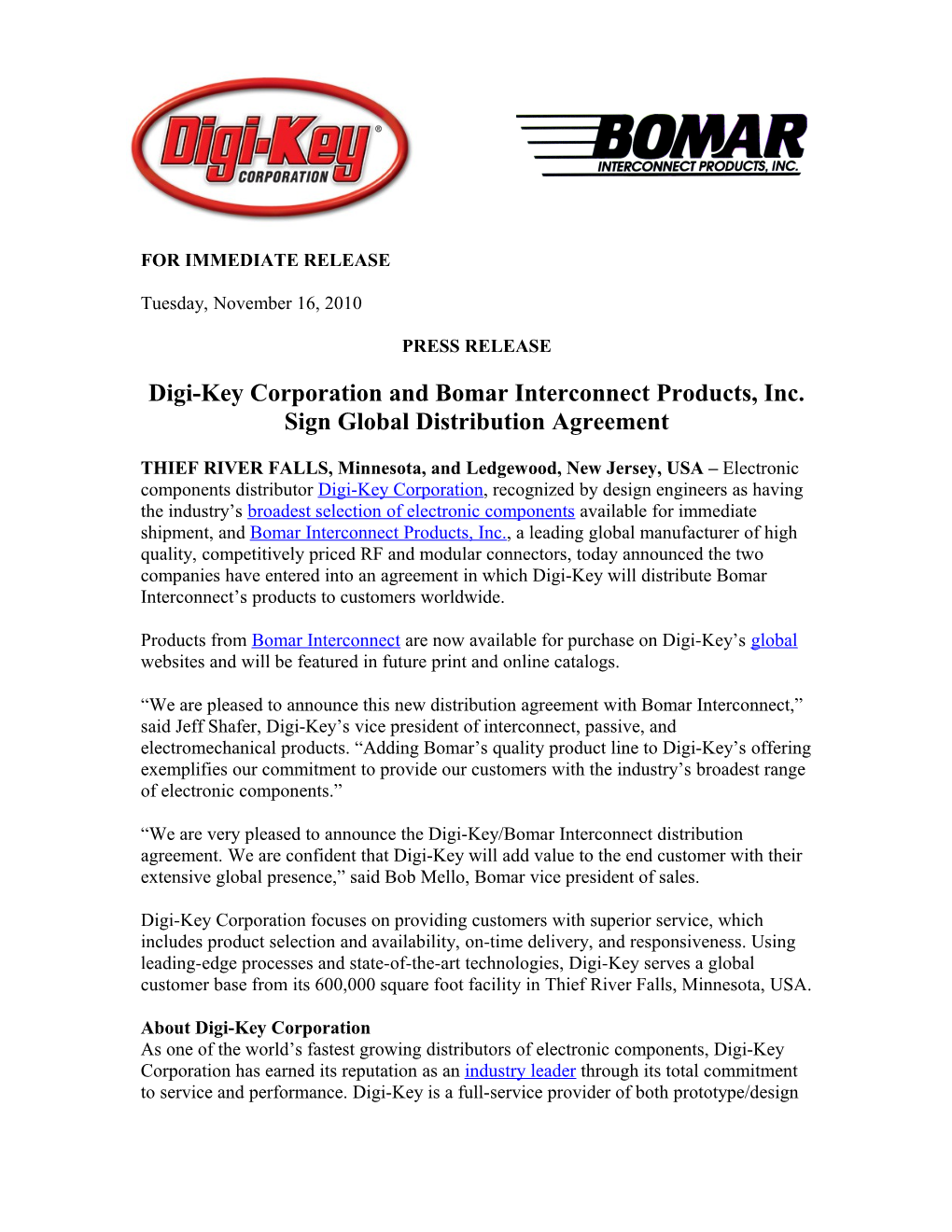 Digi-Key Corporation and Bomar Interconnect Products, Inc