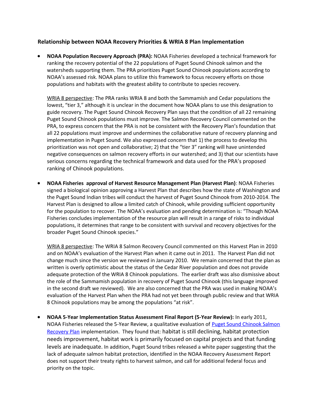 Relationship Between NOAA Recovery Priorities & WRIA 8 Plan Implementation