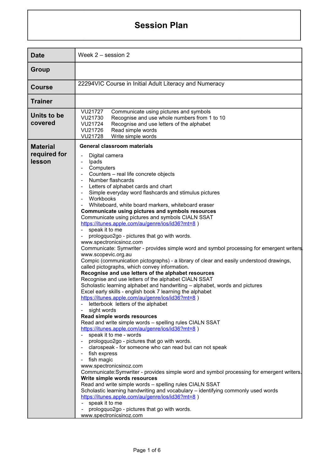 Session Plan Template