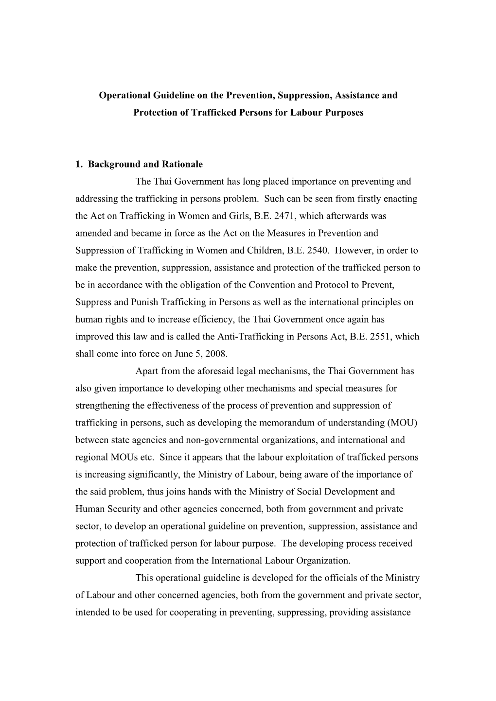 Operational Guideline on the Prevention, Suppression, Assistance and Protection of Trafficked