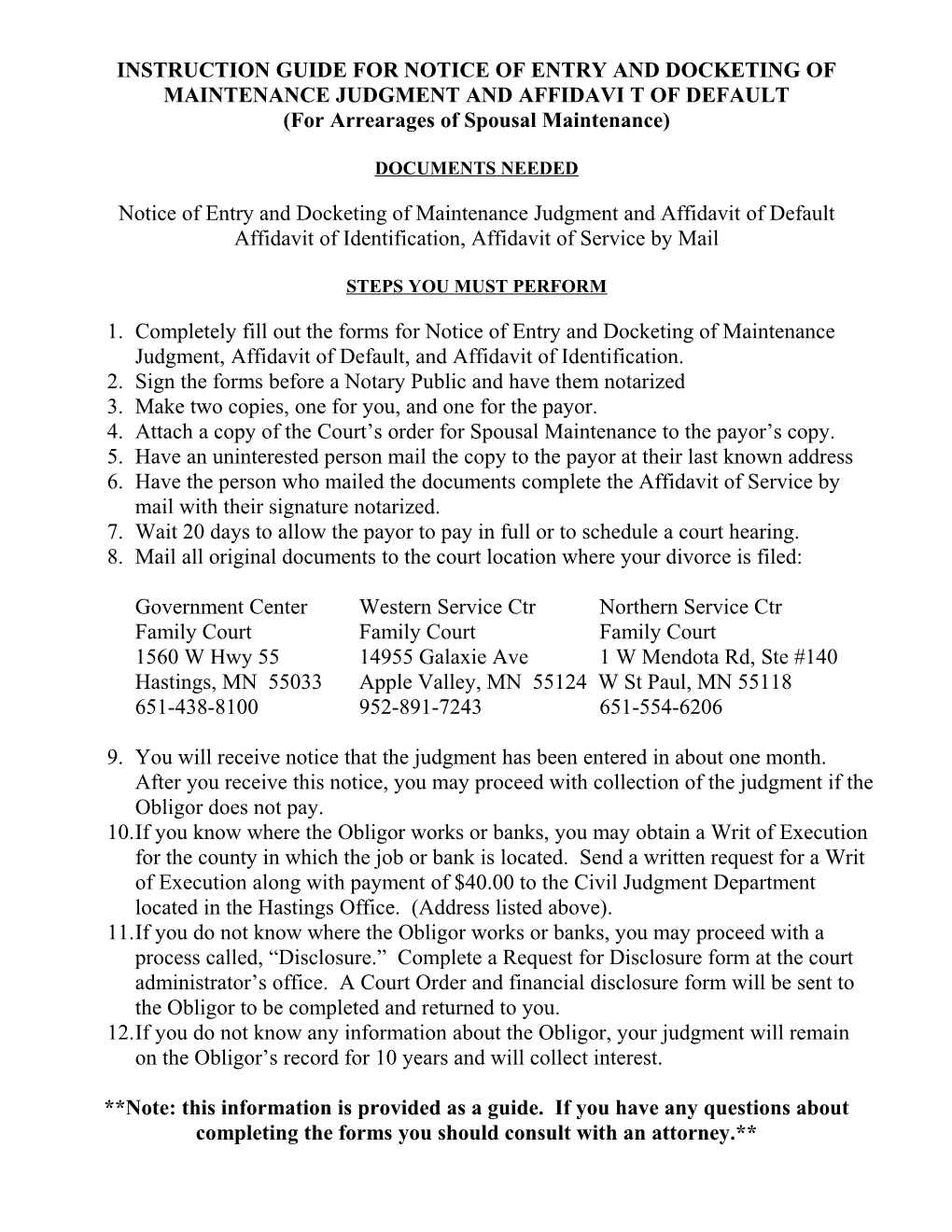 Instruction Guide for Notice of Entry and Docketing of Maintenance Judgment and Affidavi