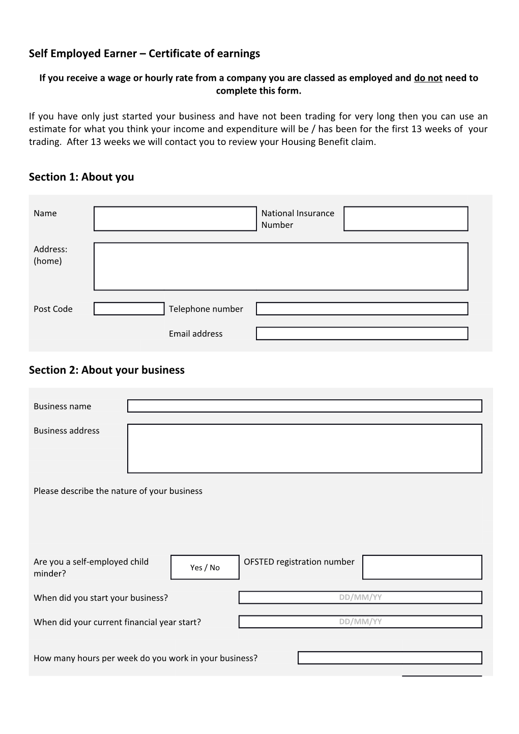 Self-Employed Certificate of Earnings