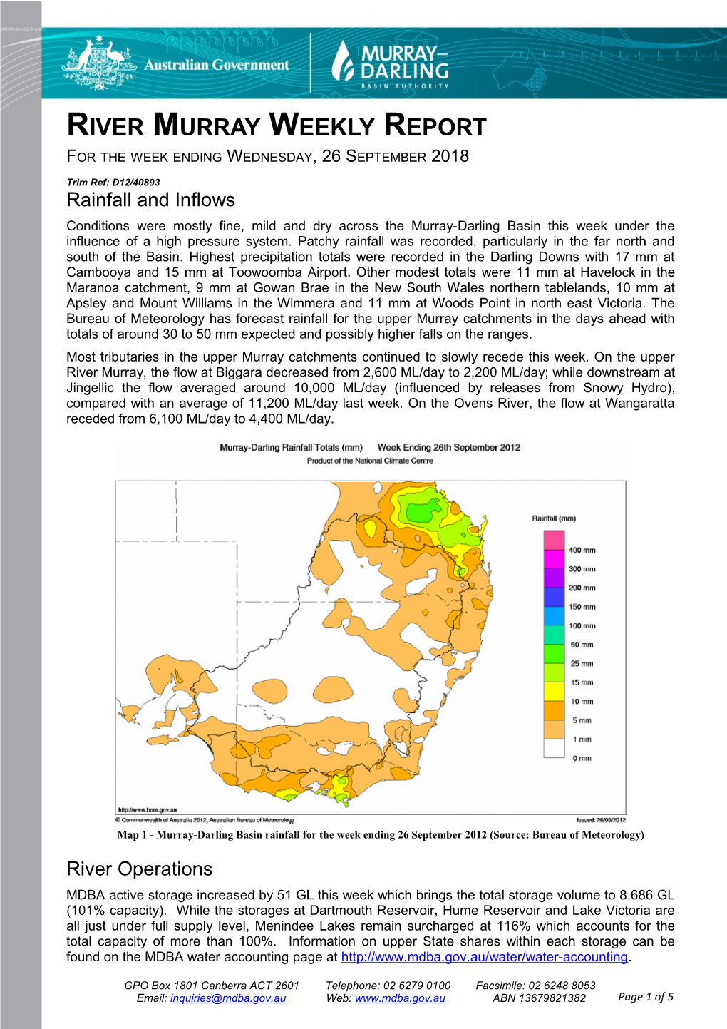 River Murray Operations Weekly Report 26Th September 2012