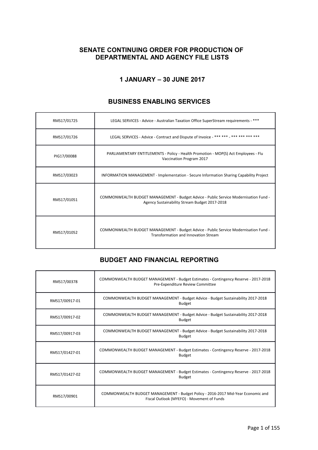 Senate Continuing Order for Production of 1 January 30 June 2017
