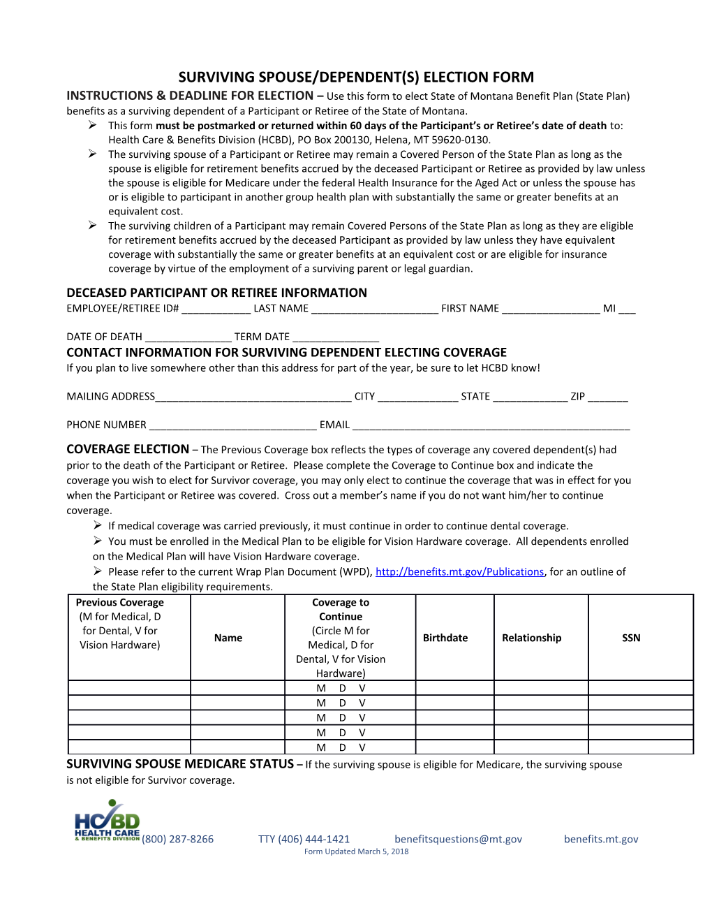 Surviving Spouse/Dependent(S)Election Form