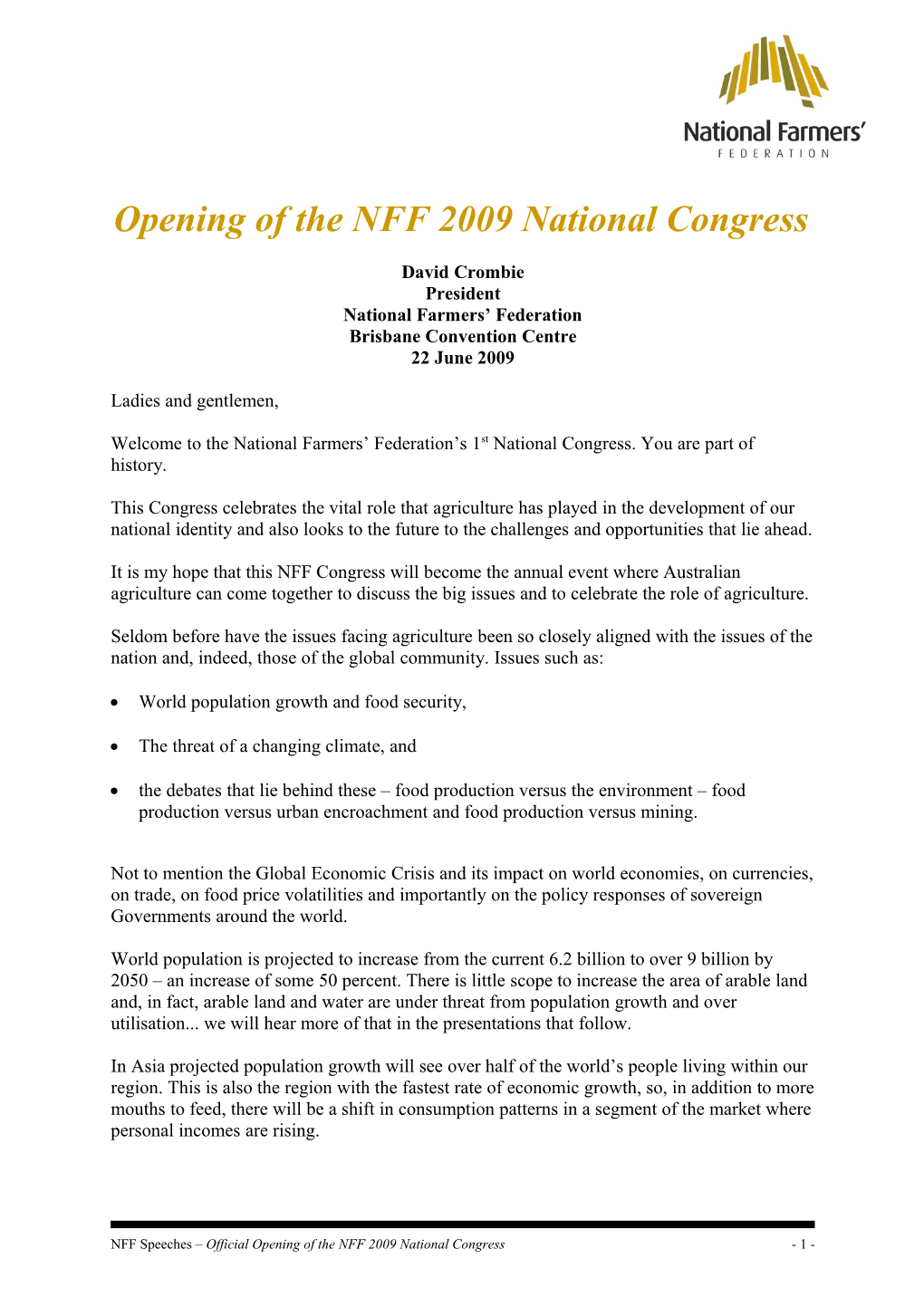 Opening of the NFF 2009 National Congress